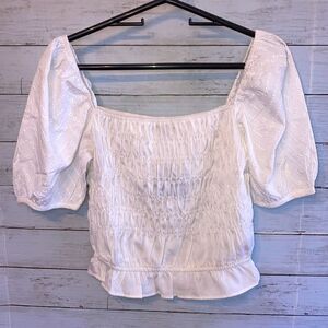 Women’s White Eyelet Puff Sleeve Cropped Blouse Shirt Top Size M